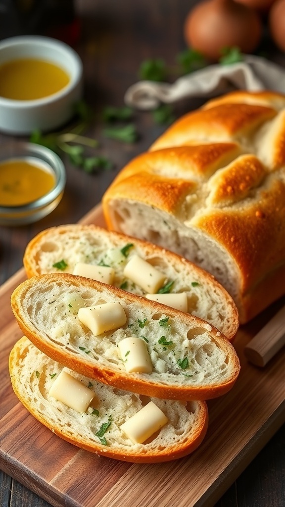 Garlic Bread Recipe Sliced garlic bread with butter and parsley on a wooden cutting board.